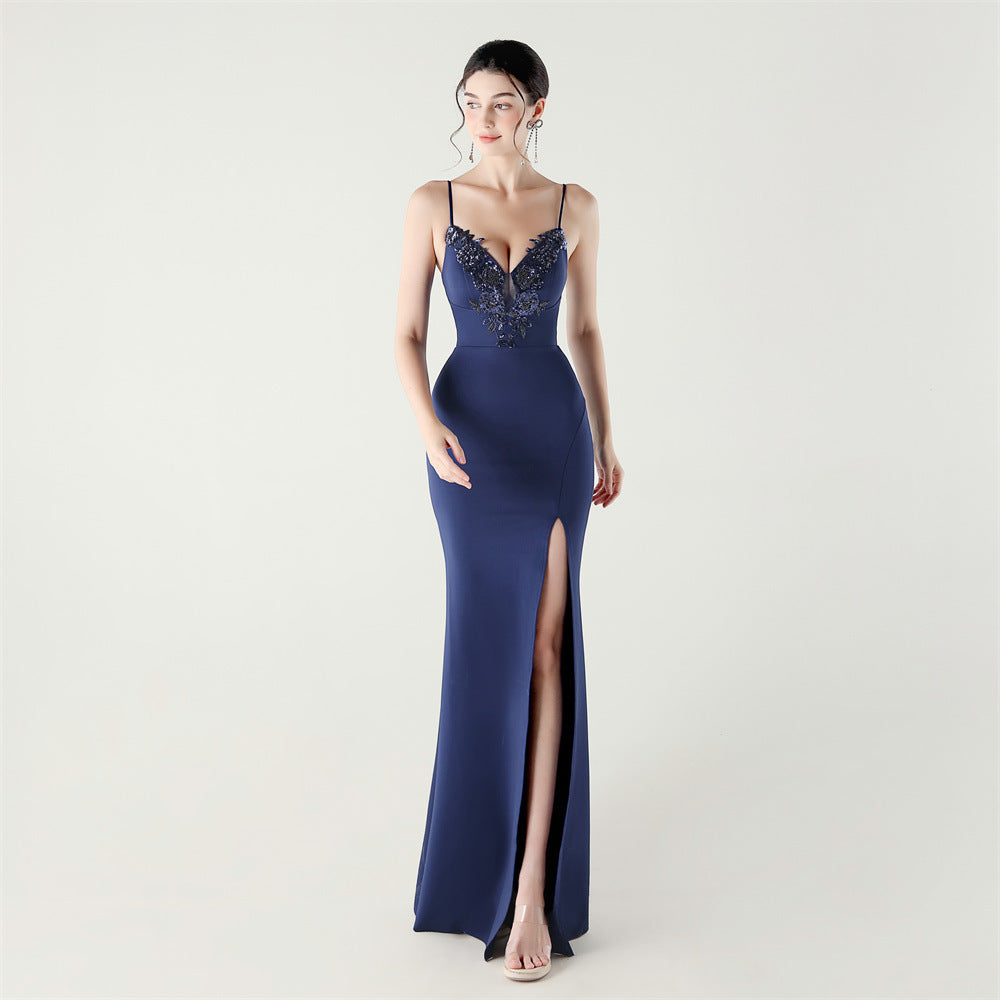 Women applique fishbone lace-up dinner party fishtail evening dress 20