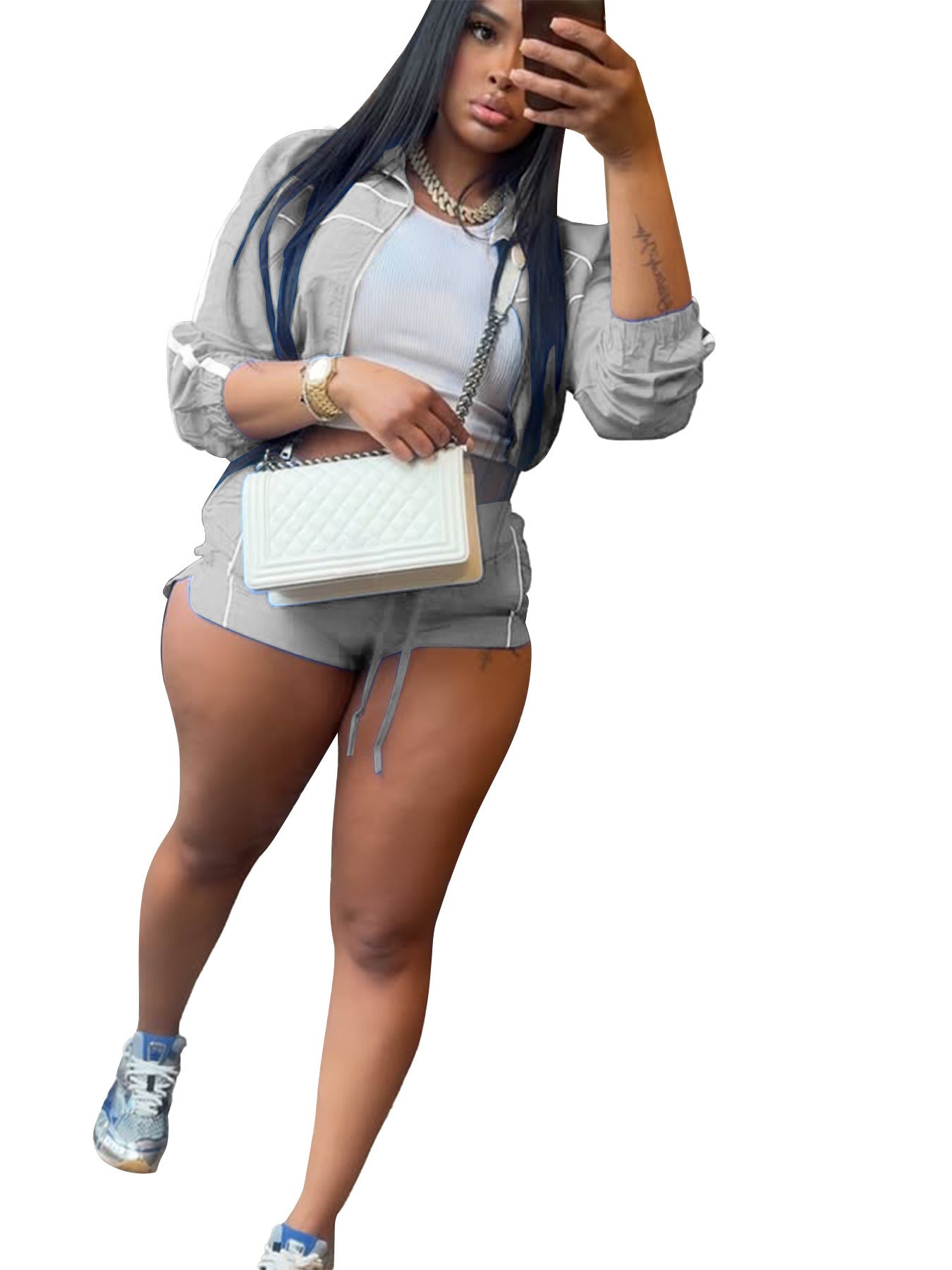 Women sexy long-sleeved zippered contrast webbing top and shorts two-piece set 10