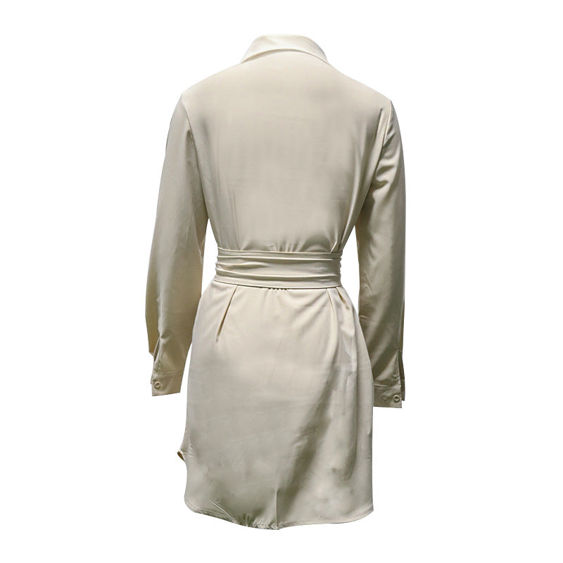 Women Turndown Collar Long Sleeve Solid Dress 9