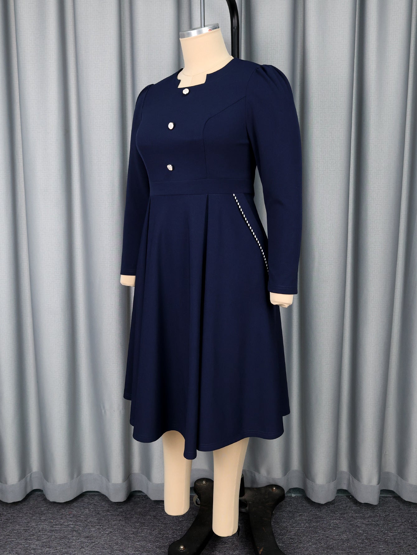 Plus-Size Women Long-Sleeved Round Neck Button Elegant Maxi Dress 8