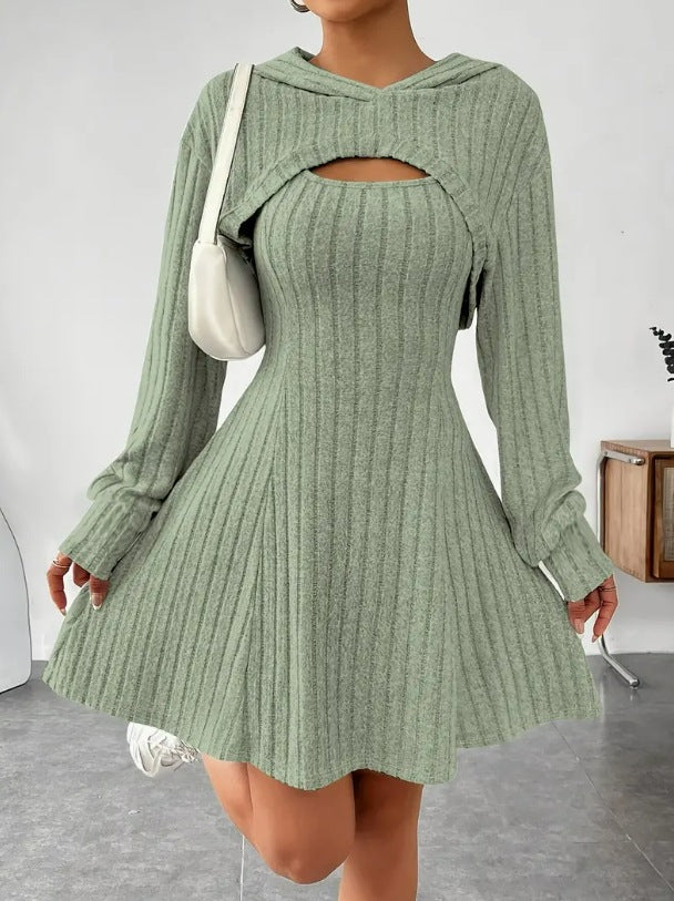 Long Sleeve Hoodie Top and Strap Square Neck A-Line Dress Set 24