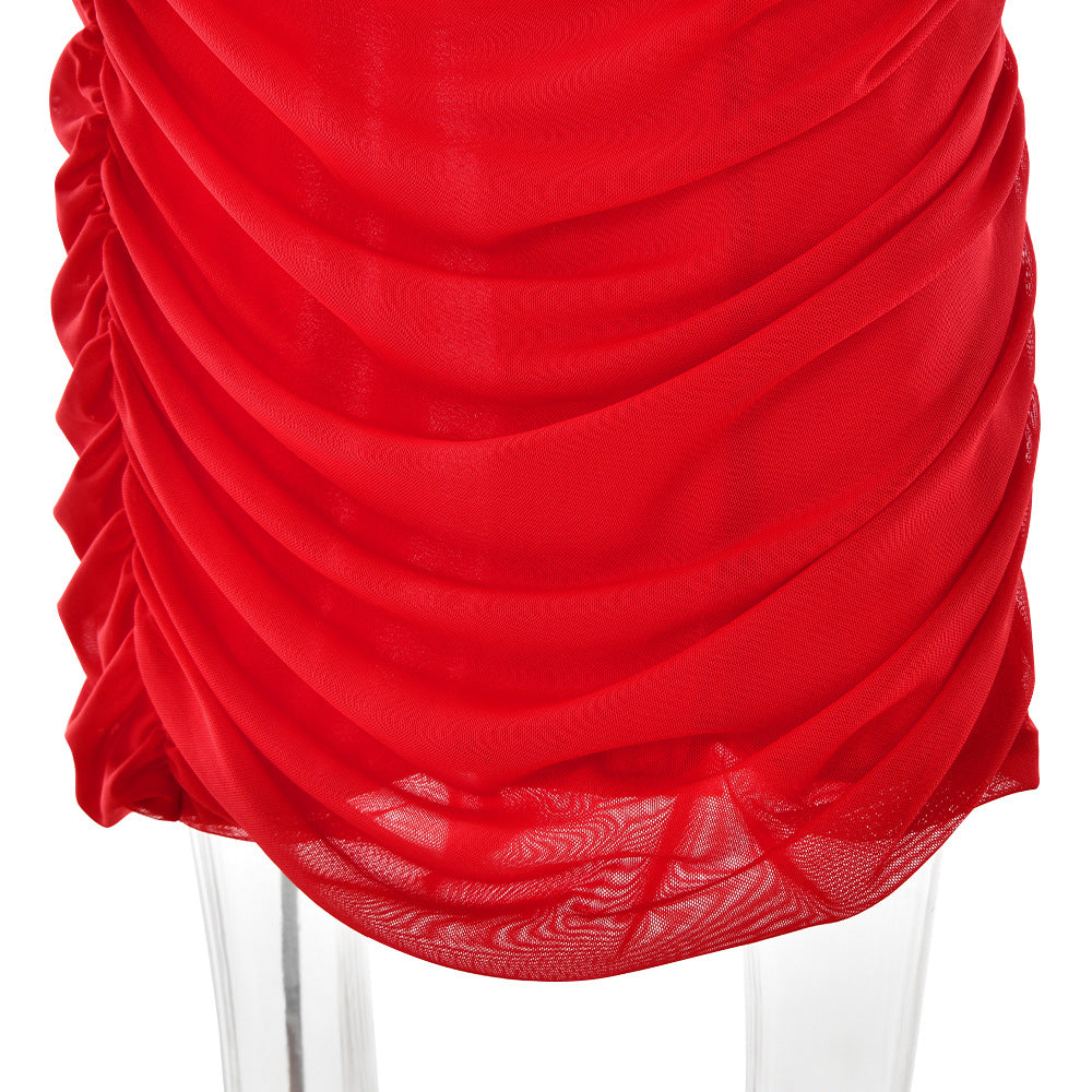 Women Autumn Bodycon Sexy Mesh Off Shoulder Gathered Dress 29