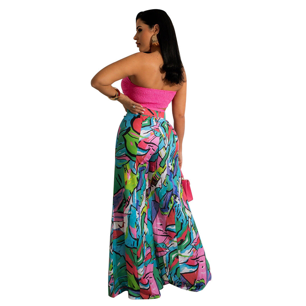 Women V-neck tube top and printed wide-leg trousers fashion casual women's suit two piece set 5