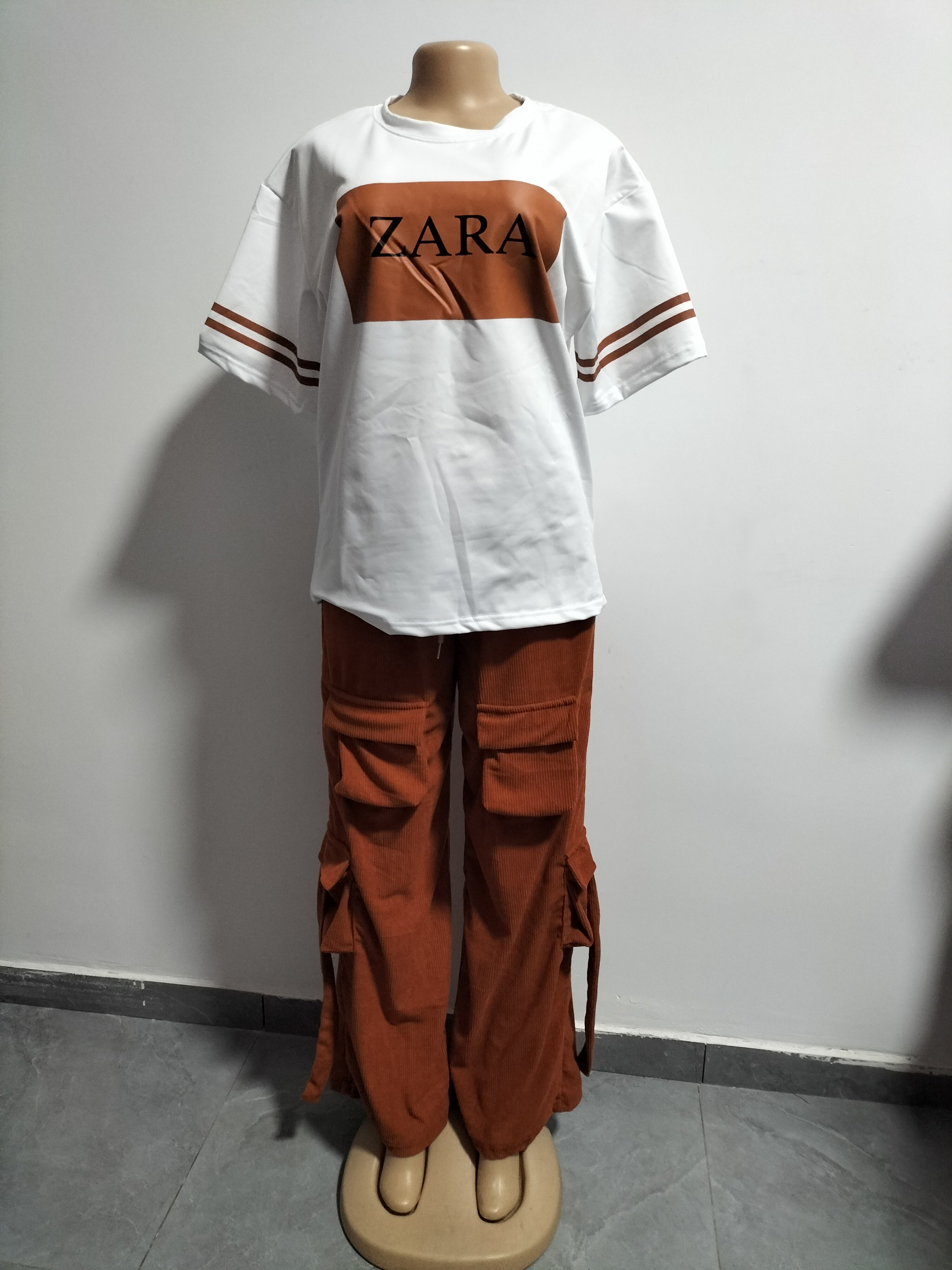 Women Casual Printed Short-sleeved Top and Cargo Pants Two-piece Set 8