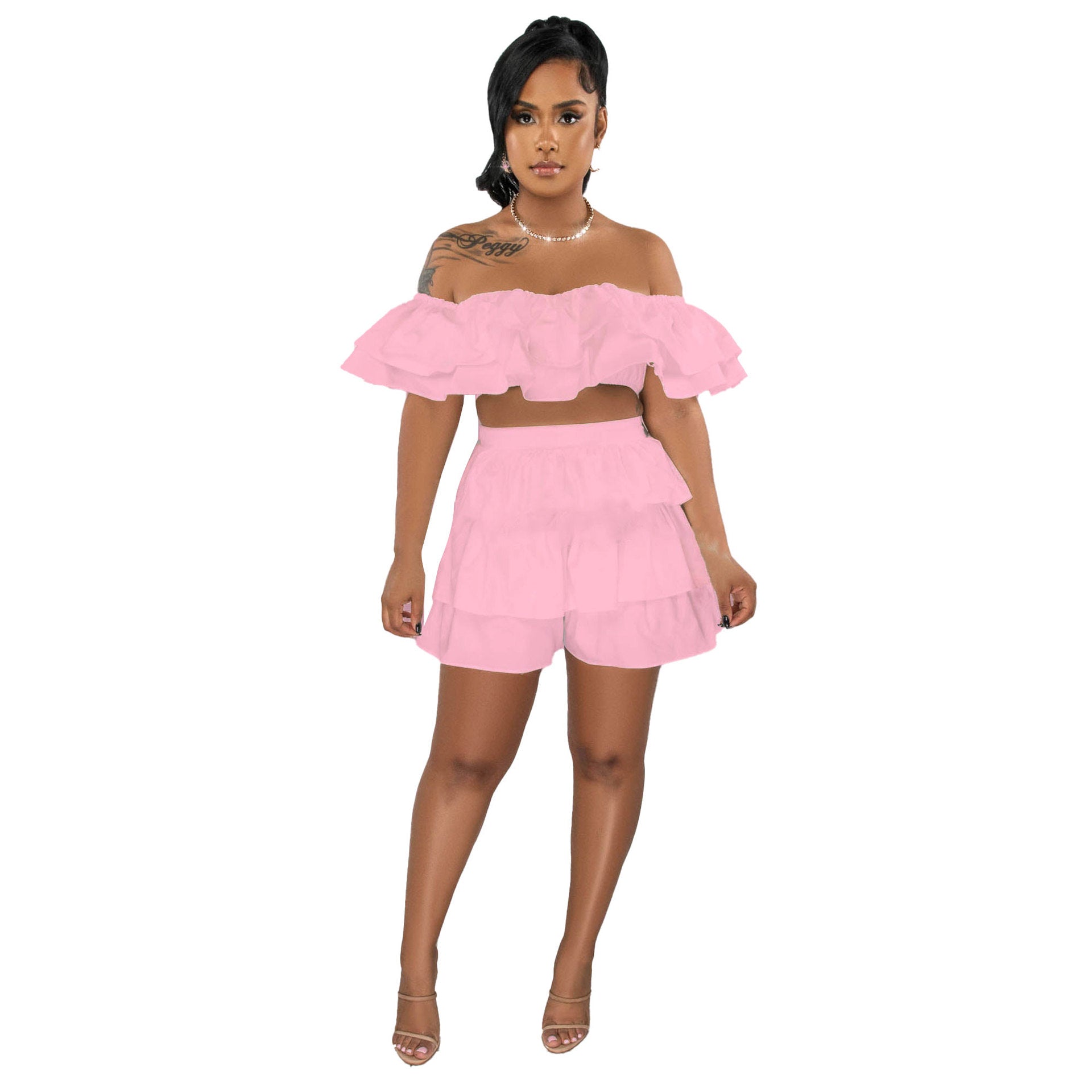 Women Sexy Ruffle Top and Shorts Two-Piece Set 12