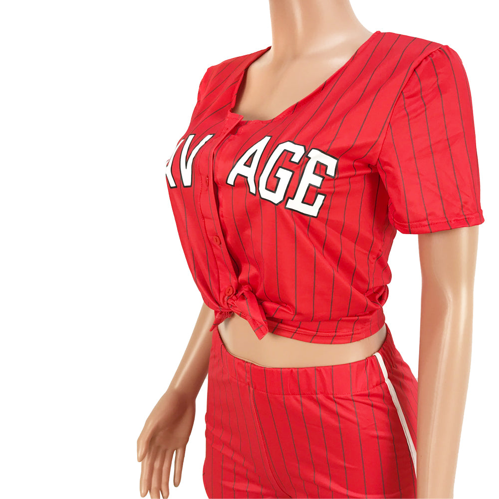Women Sexy Women Striped Letter Baseball Top and Skirt Two-piece Set 26