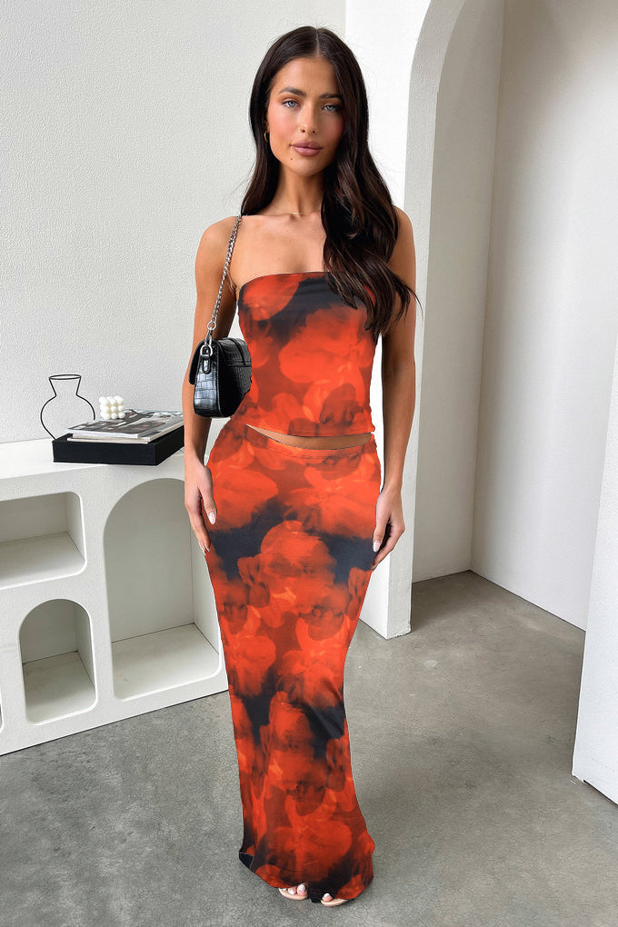 Women Summer Sexy Printed Strapless Top and Skirt Two-Piece Set 4