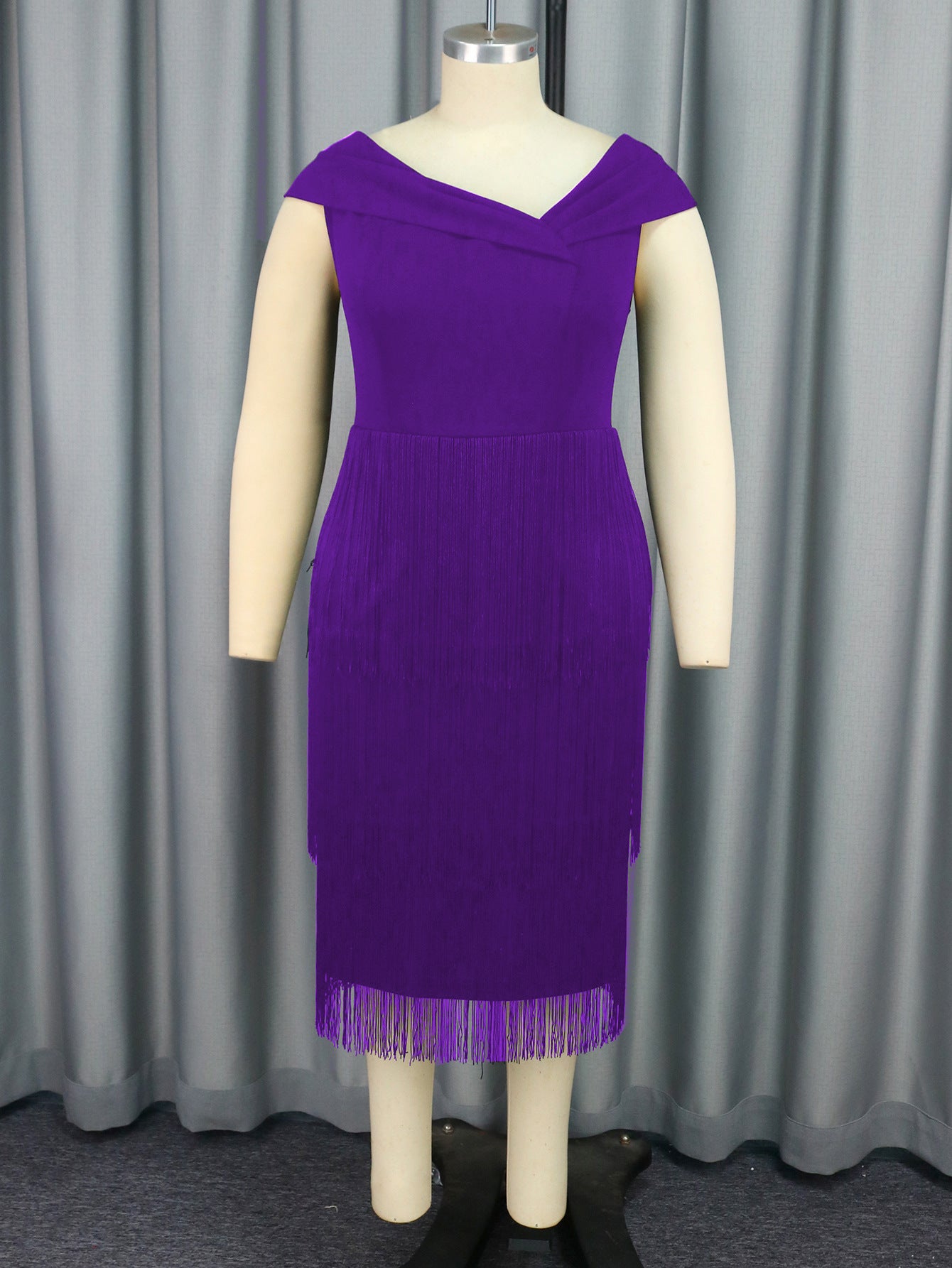 Women Asymmetric Collar Sleeveless Tassel Party Dance Elegant Dress 4