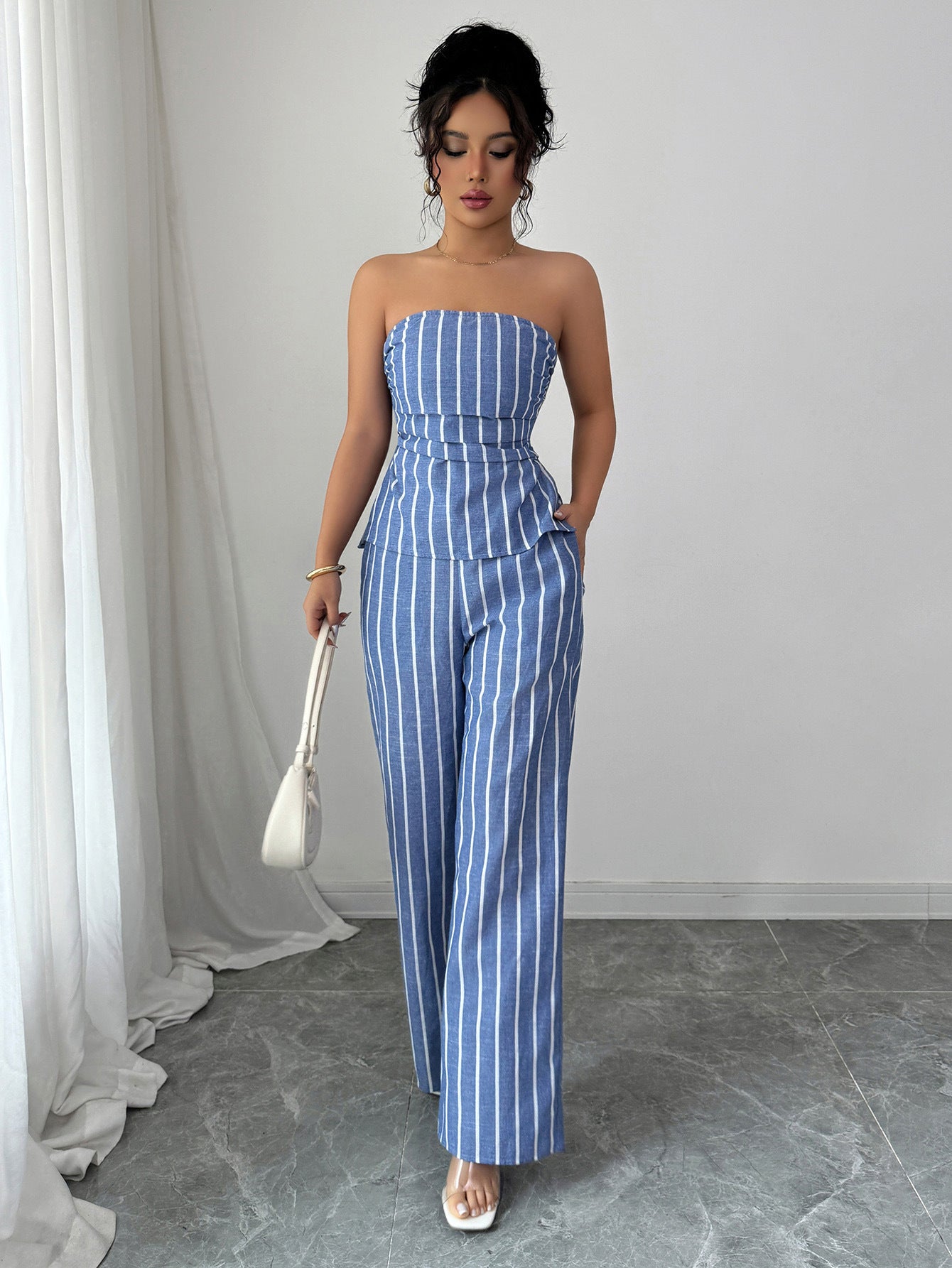 Spring/Summer Women's Fashion Casual Elegant Striped Strapless Vest & Trousers Two-Piece Set 5