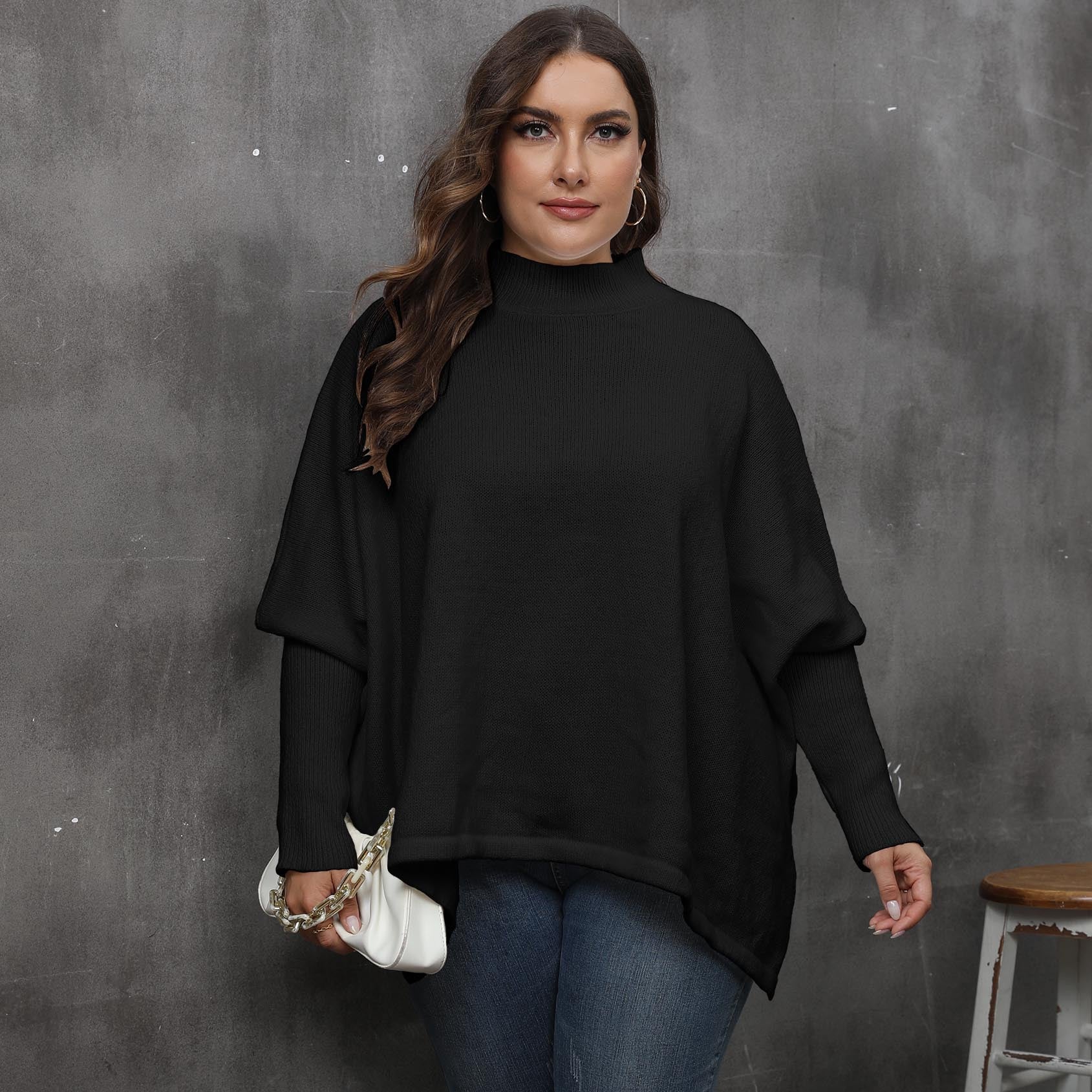 Women's Pullover Top Plus Size Women's Slit Bat Sleeves Turtleneck Loose Sweater 15