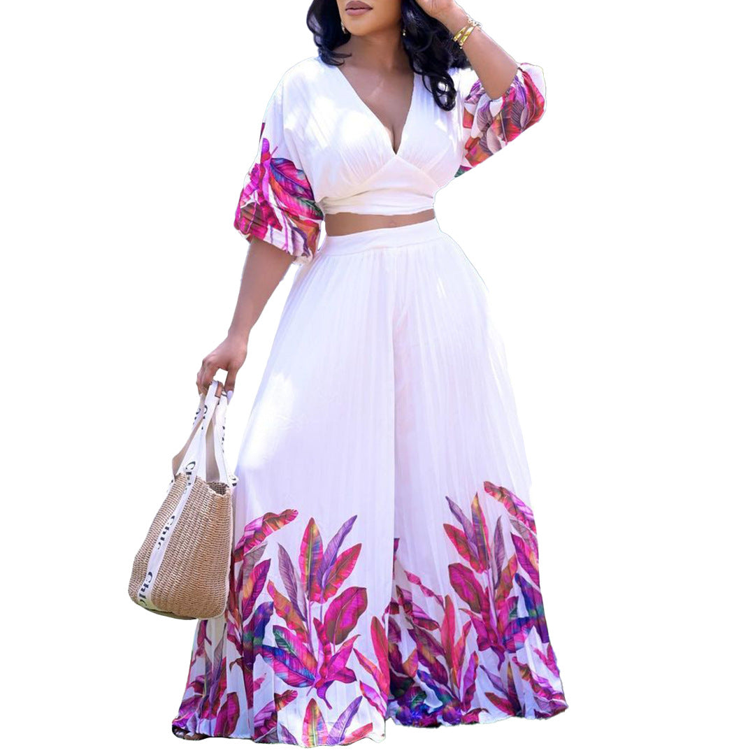 Women's Summer fashion v-neck printed top wide-leg pants two-piece suit 8