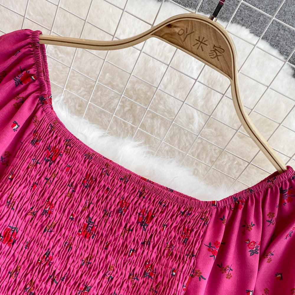 Women Summer French Square Neck Bubble Short Sleeve Slit Dress 22