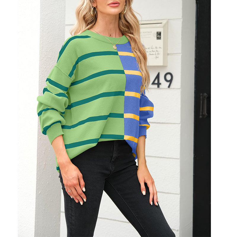Autumn And Winter Striped Long-Sleeved Knitting Shirt Round Neck Pullover Fashion Top 6