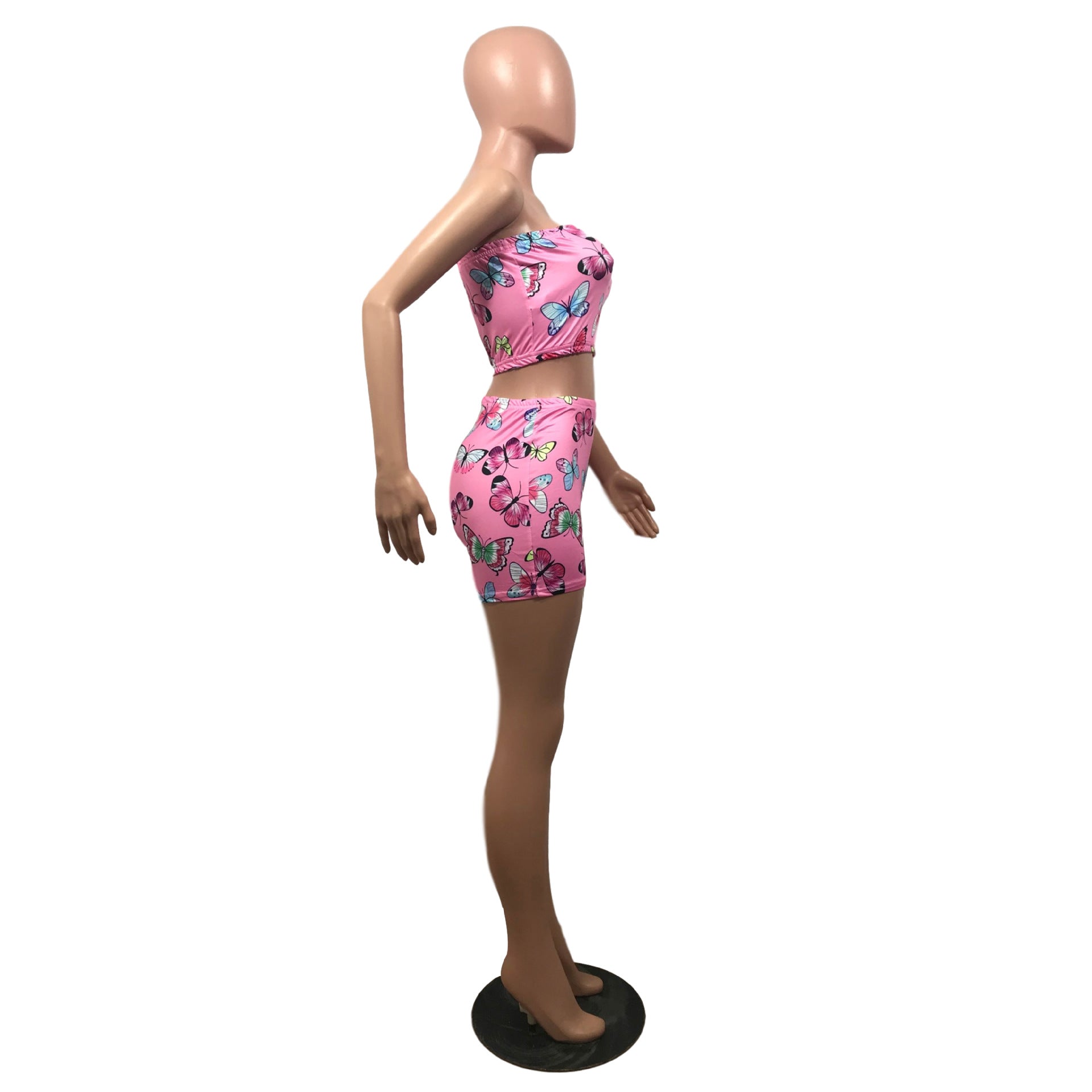 Summer Women's Sexy Slim Fit Butterfly Print Strapless Two Piece Shorts Set 29