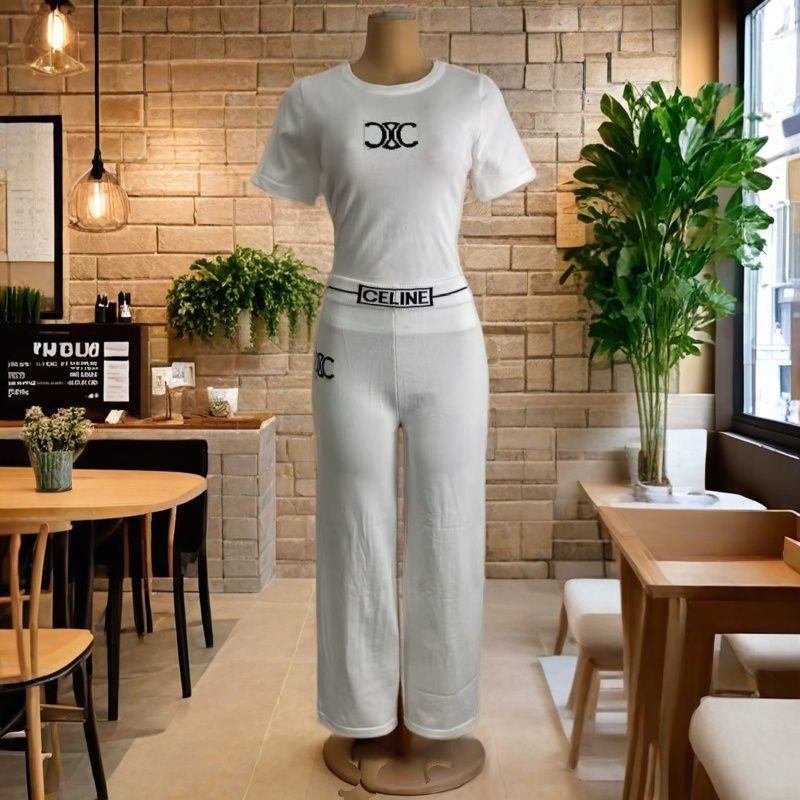 Summer Flocked Print Short Sleeve T-shirt + High-Waist Pants Matching Outfit 3