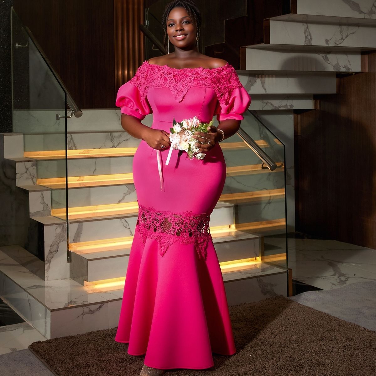 Women Puff Sleeve Off Shoulder Party Formal Party Lace Dress