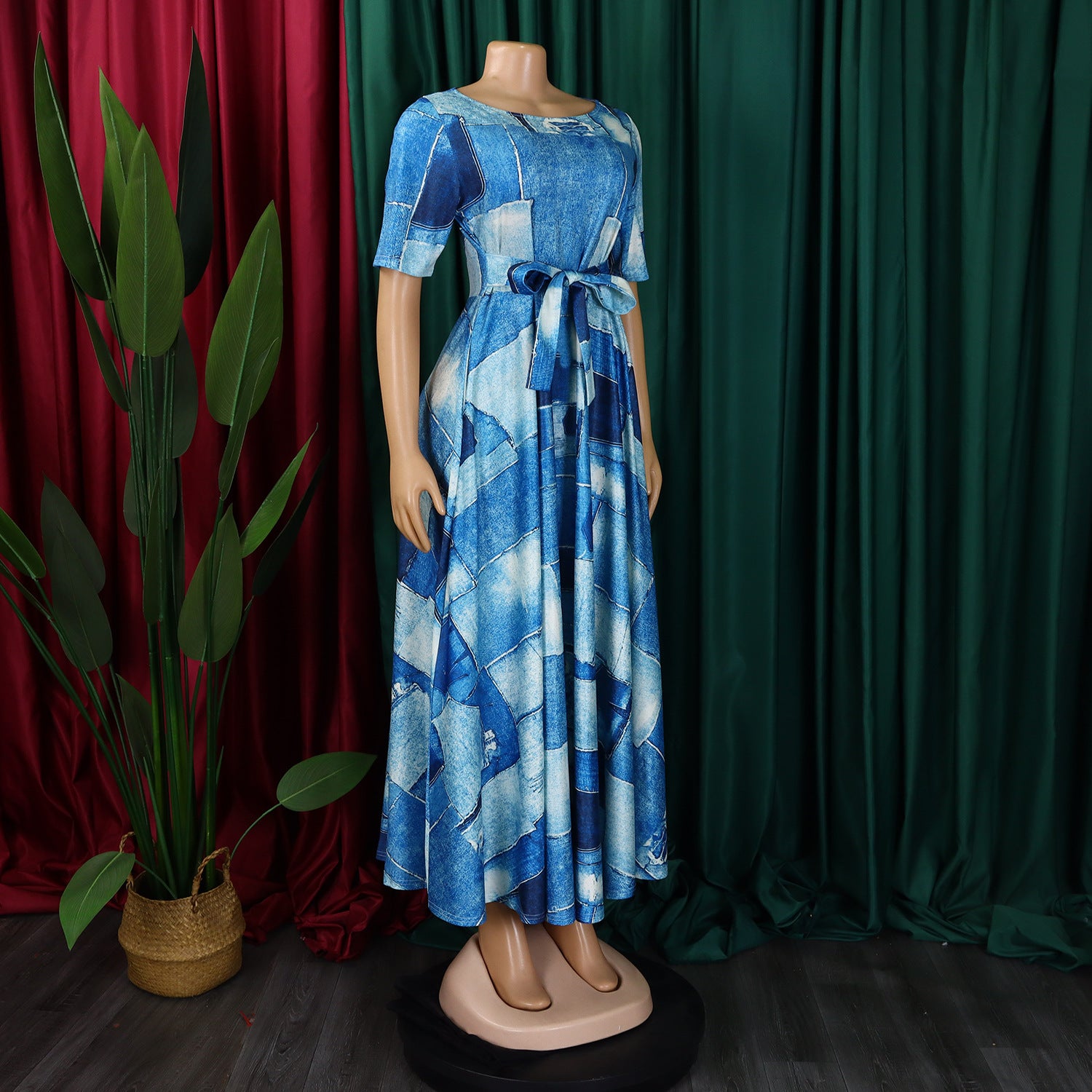 Women's Fashion Chic Tie-Waist African Plus Size Short Sleeve A-Line Dress 17