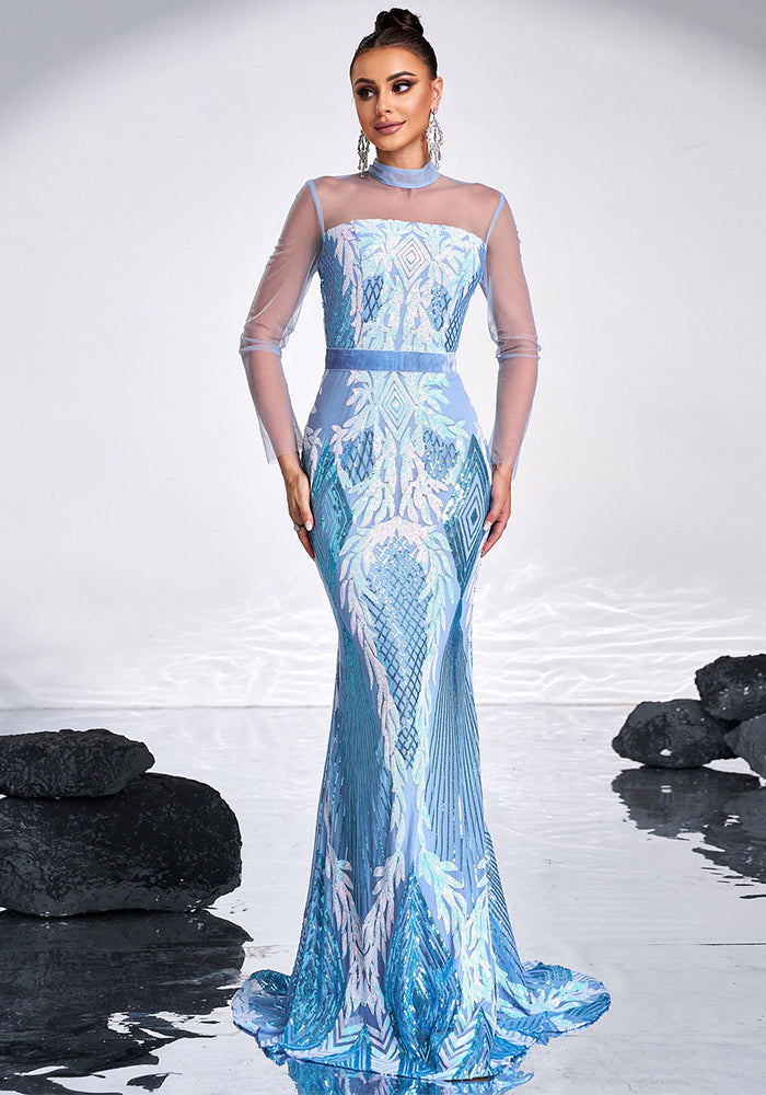 Women Long Sleeve Round Neck Sexy Mesh Sequined Formal Party Maxi Evening Dress
