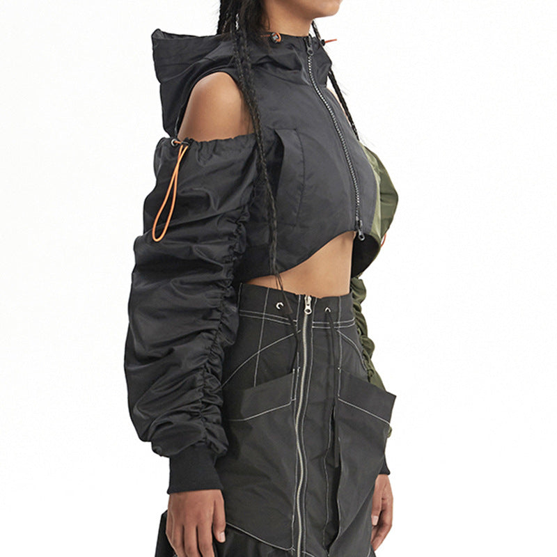 American Retro Hooded Cutout Jacket Autumn Trend Style Patchwork Drawstring Short Bomber Jacket