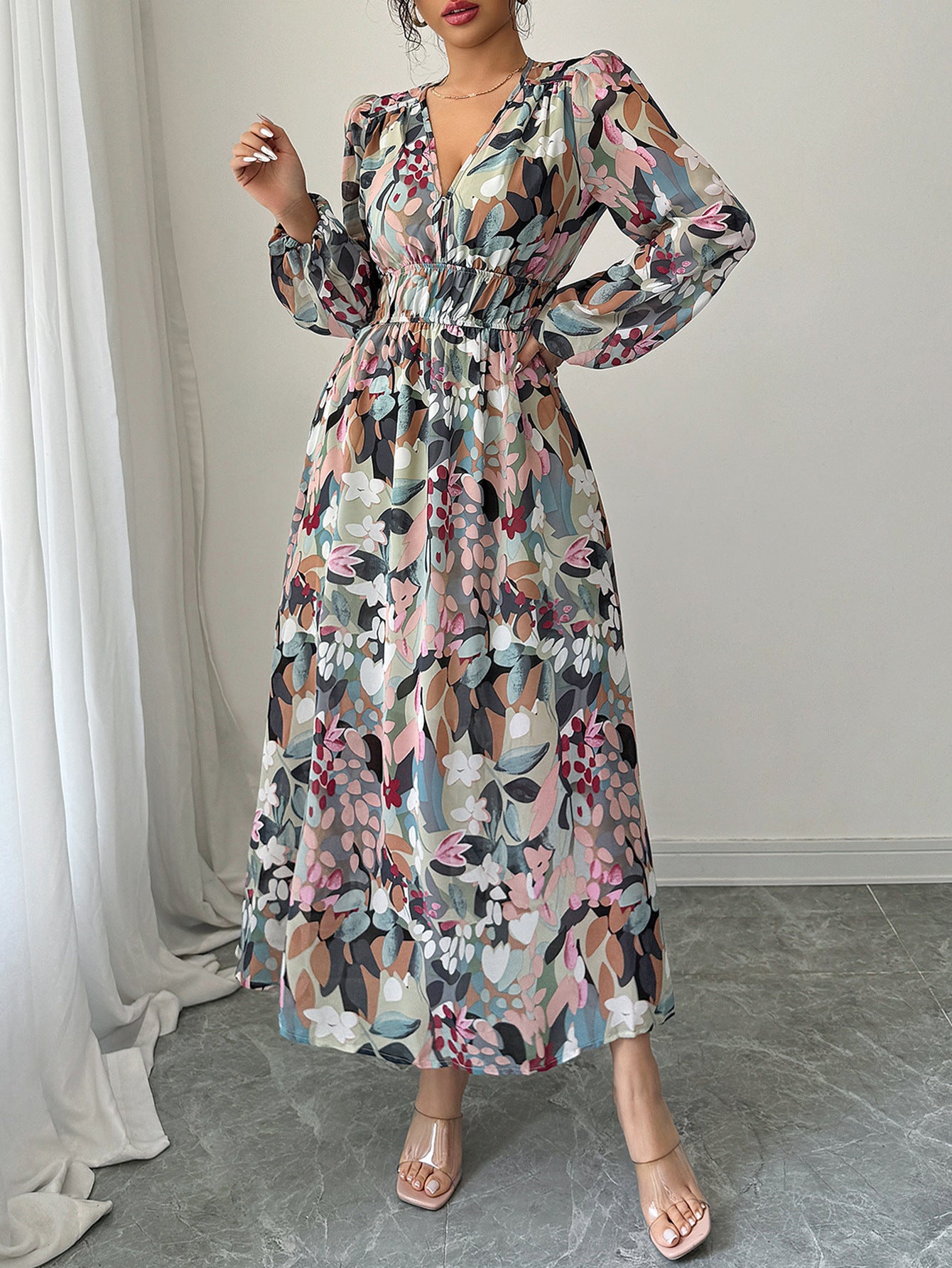 Spring/Summer Women's Chic Elegant Print V-Neck Slim Waist Dress 6