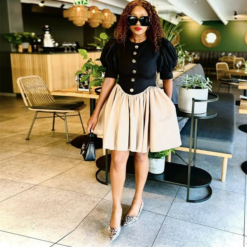 Women Summer Princess Sleeve Button Pleated Dress 3