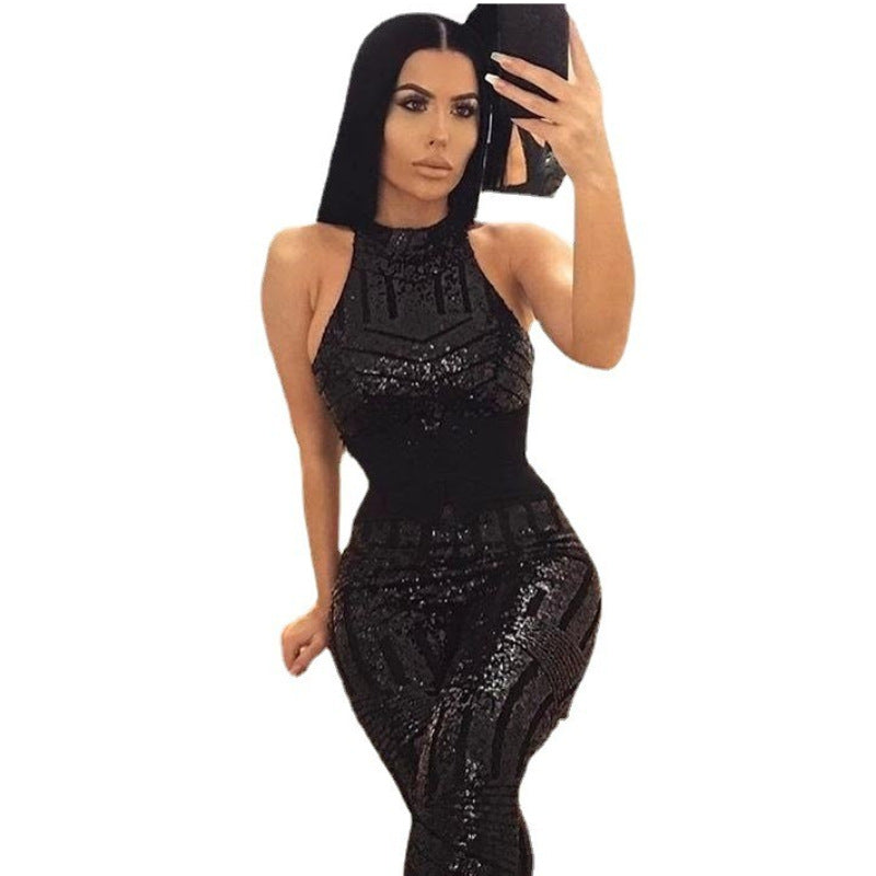 Women's Round Neck Low Back Halter Neck Sleeveless Bodycon Sequin Jumpsuit 8