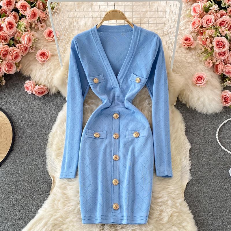 Autumn And Winter Women's V-Neck Long-Sleeved Sweater Dress Slim Fit Bodycon Knitting Dress 12