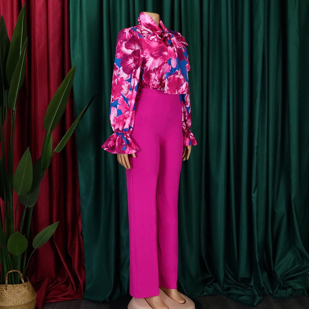 Plus Size Casual Women Printed Long Sleeve Shirt And Wide Leg Pants Two Piece 11