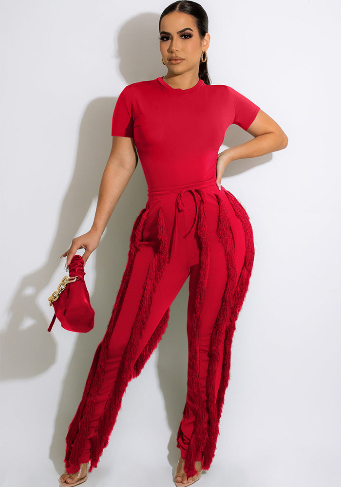 Ladies Suit Tassel Lace Fashion Multicolor Spring Summer Solid Color Sports Top + Pants Set