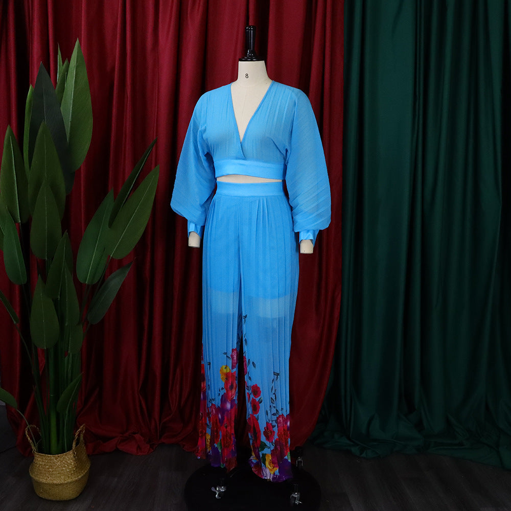 Fashion Suit Women's V-Neck Bat Sleeves Chiffon Top Pleated Wide Leg Pants Two Piece Set 9