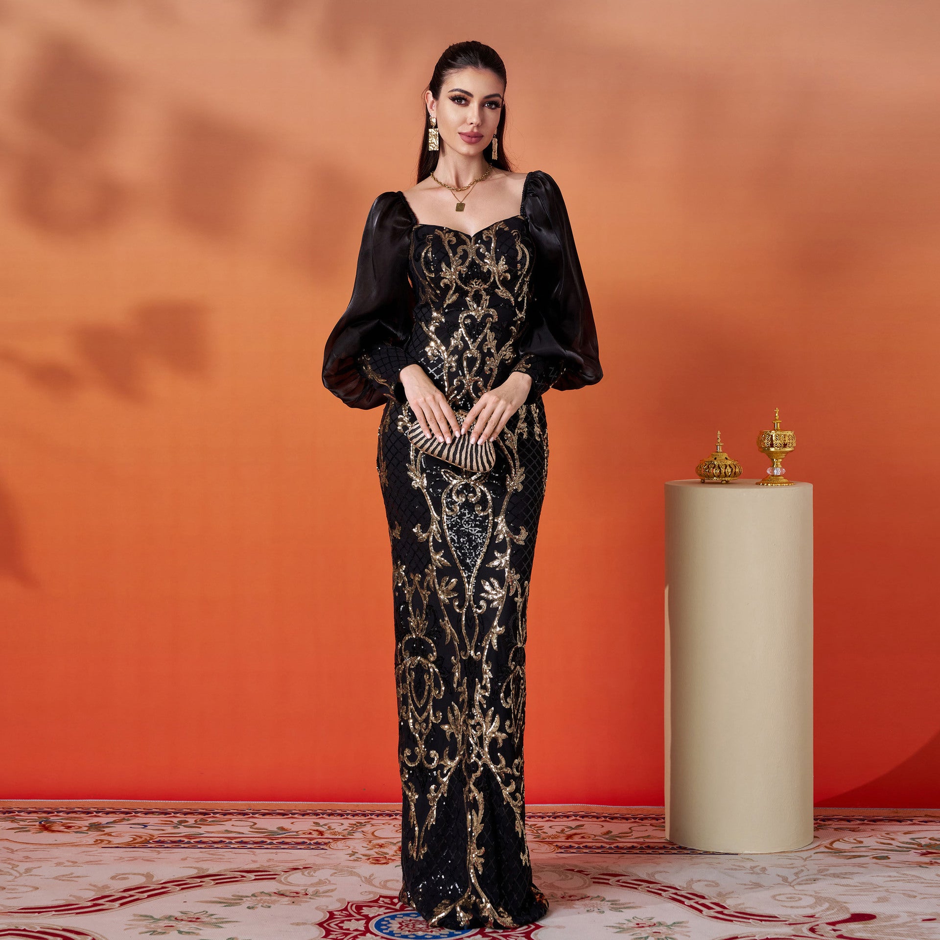 Women long sleeve square neck sequins formal party evening dress