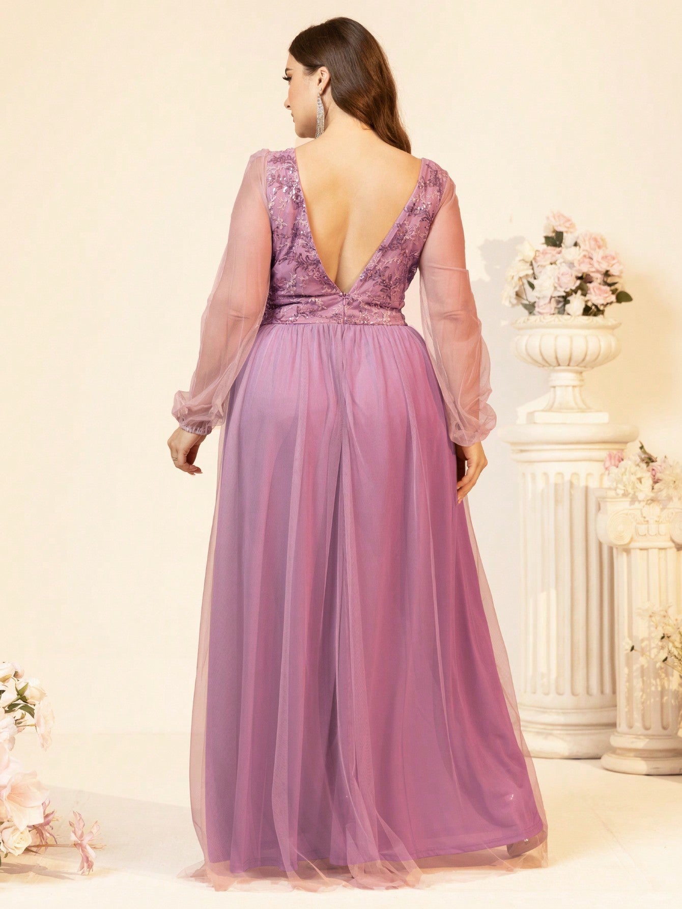 Plus Size Women Spring Summer Sequined Mesh Patchwork Evening Dress 3