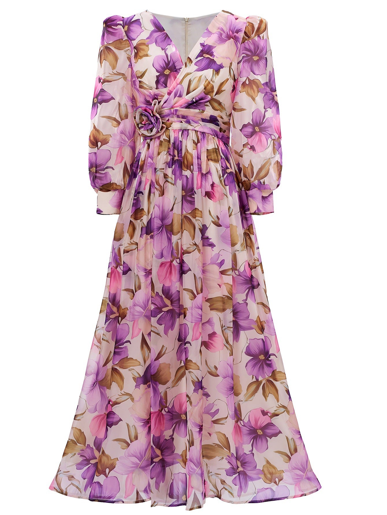 Women long-sleeved V-neck pleated Formal Party mesh dress 4