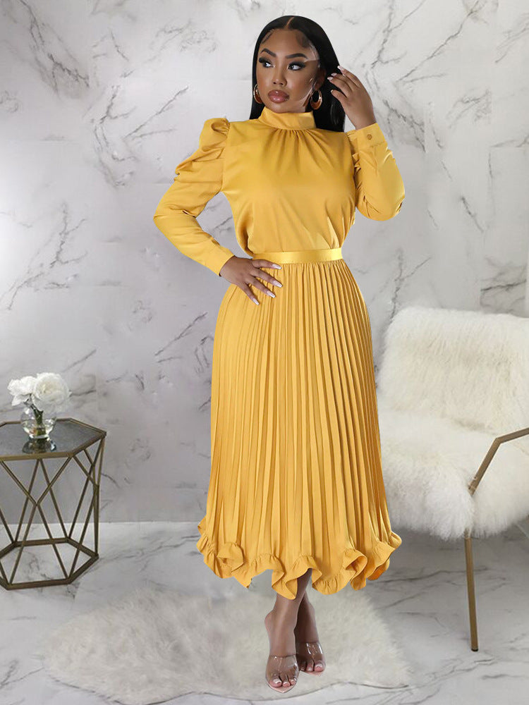 Women's Winter Puff Sleeve Top Ruffled Pleated Skirt Two-Piece Suit