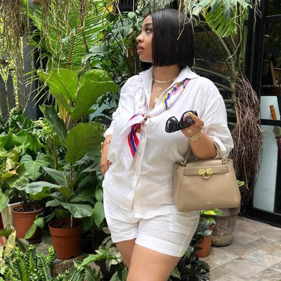 Africa Plus-Size Casual Solid Color Shirt and Shorts Two-Piece Set 4