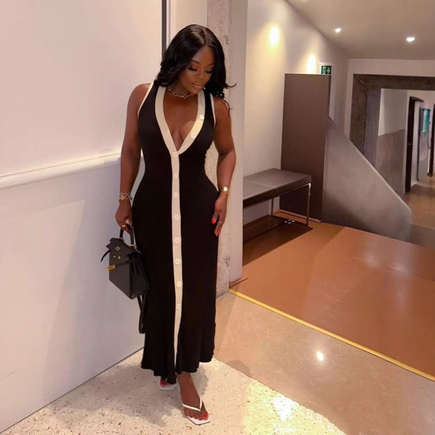 Women contrast Ribbed Single-breasted v-neck sleeveless knitting dress