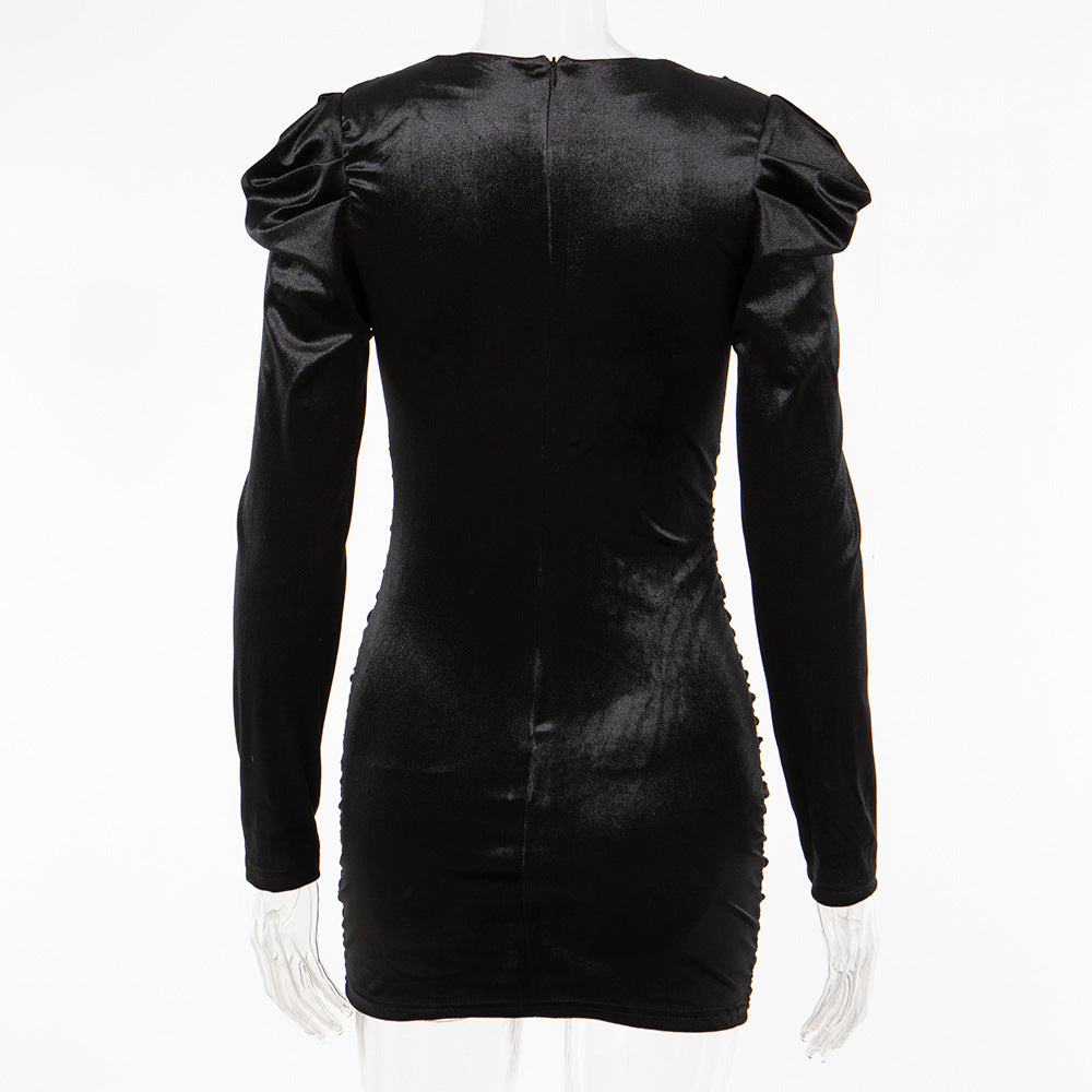 Women sexy V Neck collar long sleeve pleated Bodycon velvet dress 6