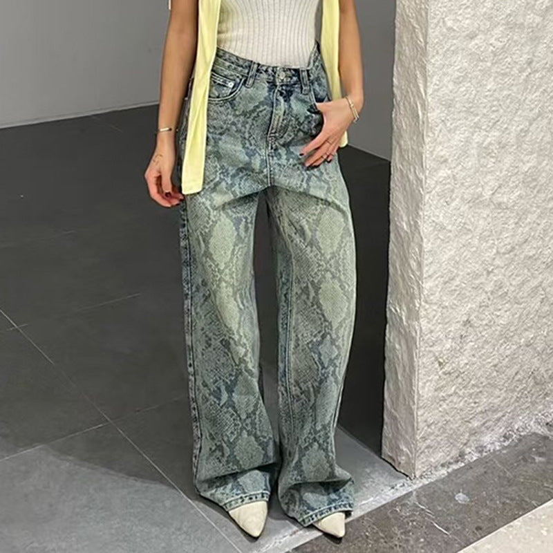 Women Street Snake Print Casual Denim Trousers 3