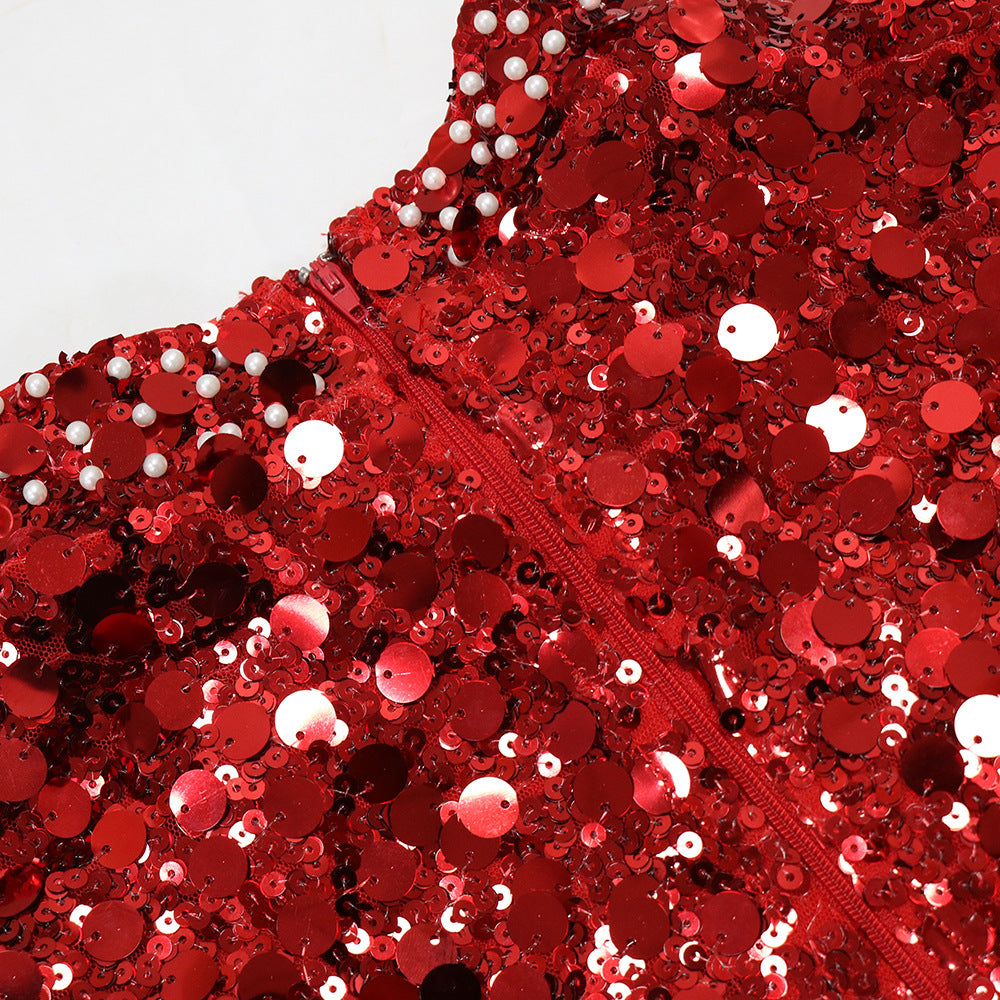 Women Round Neck Sequin Long Sleeve Top Sexy Slit Velvet Skirt Two-piece Set 12