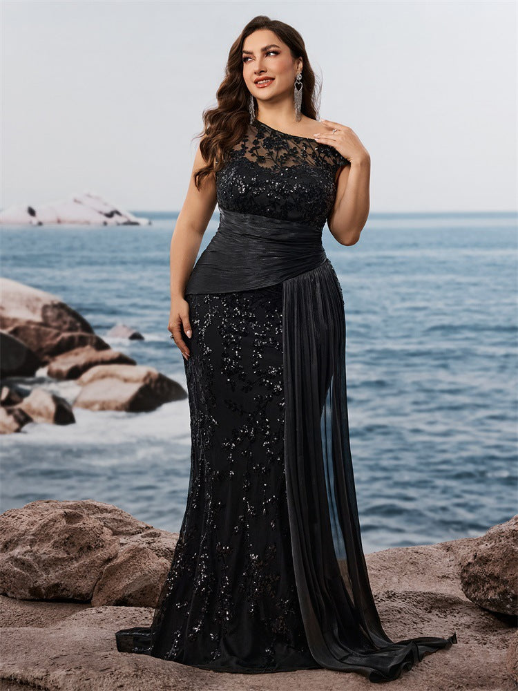 Plus Size Women's Elegant Sequin Patchwork Fitted V-Neck Sleeveless Evening Dress Mother of the Bride Gown 4