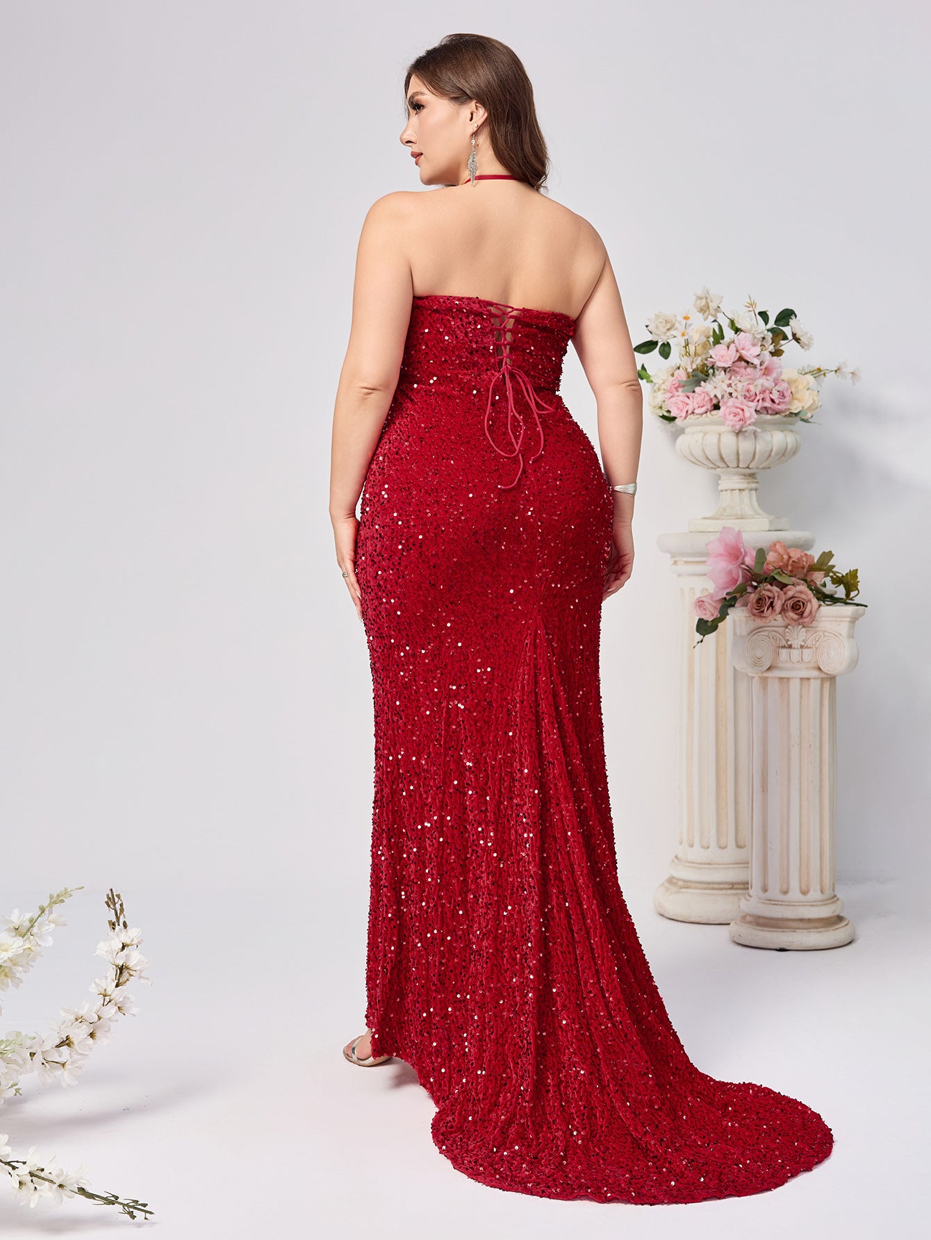 Plus Size Women Fashion Sexy Halter Neck Slit Red Sequin Evening Dresses