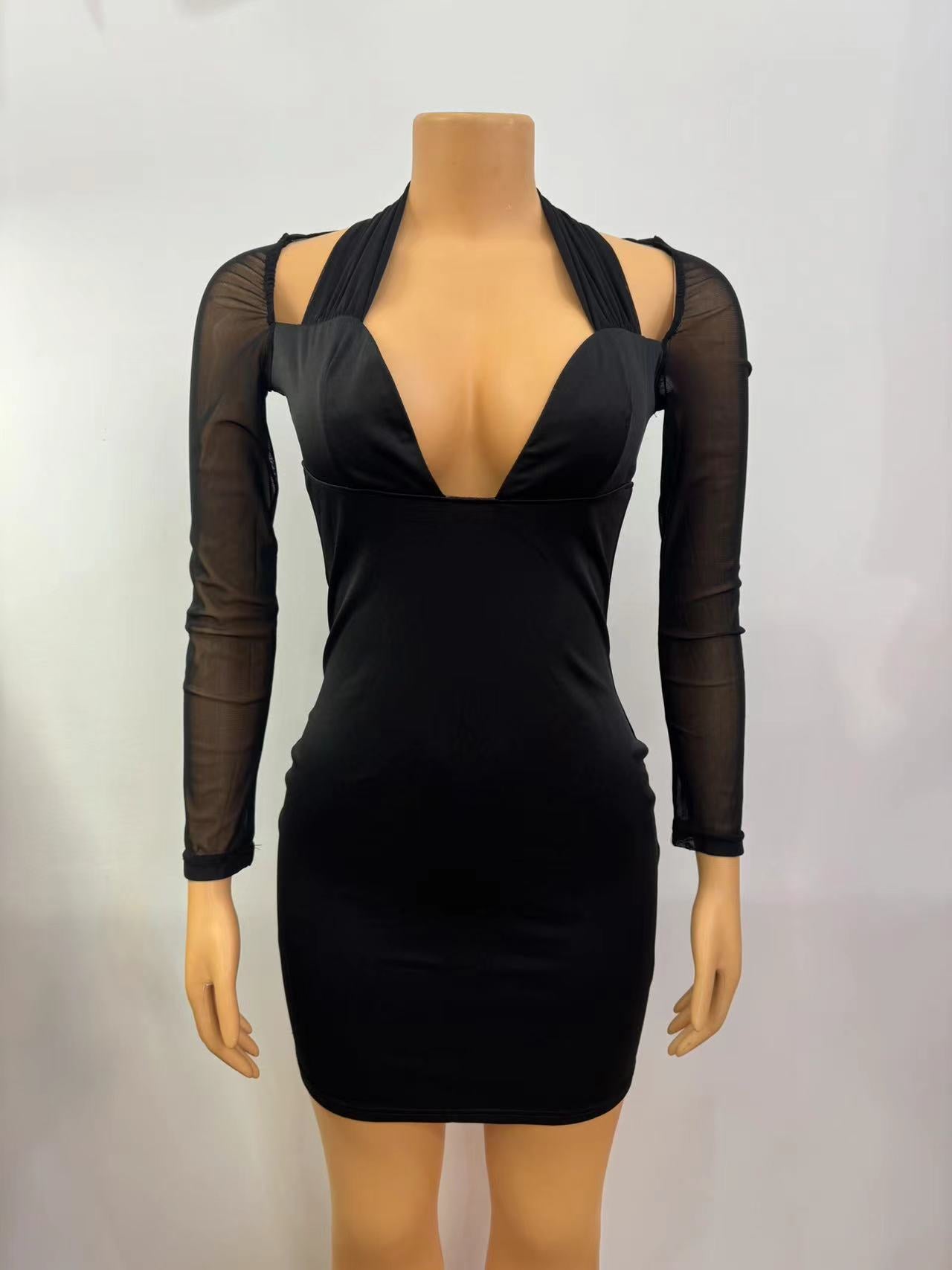 Women Halter Neck Sexy Mesh Patchwork Long Sleeve Bodycon Dress 9