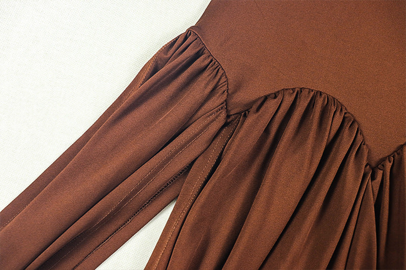 Women Slash Solid Pleated Elegant Turtleneck Long Sleeve Bodycon Dress 18