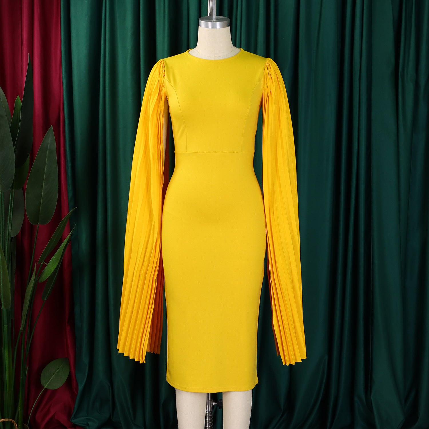 Women's Fashion Solid Color Round Neck Pleated Shawl Sleeve Formal Party Evening Dress 13