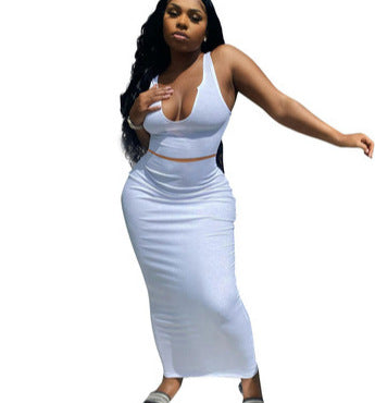 Women Summer Solid Sleeveless Top and Skirt Two-piece Set