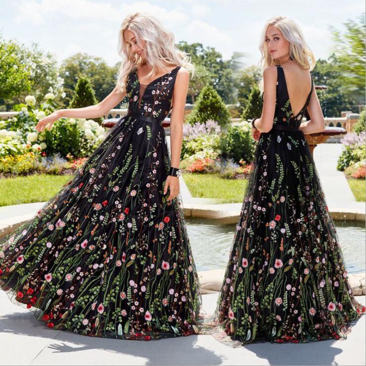 Women Sexy Deep V Sleeveless Embroidered Backless Maxi Dress