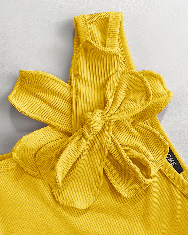 Women Solid Large Flower One-shoulder Top and Skirt Two-piece Set 8