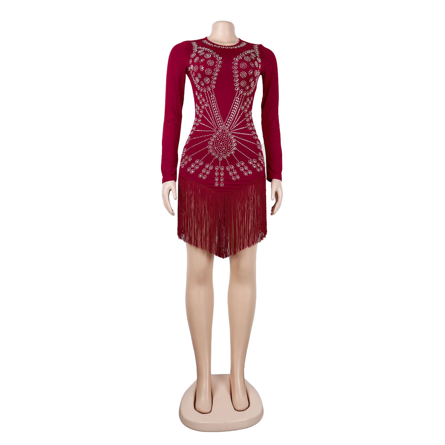 Women Sexy Long Sleeve Rhinestone Fringe Bodycon Dress 20