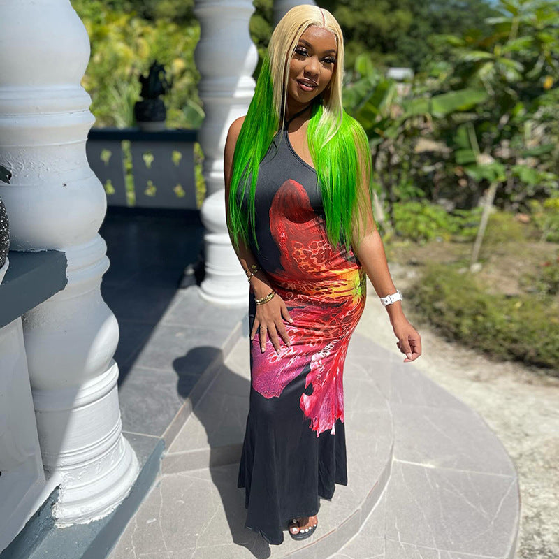 Women Floral Print Halter Neck Lace Sleeveless Bcakless Maxi Dress 17