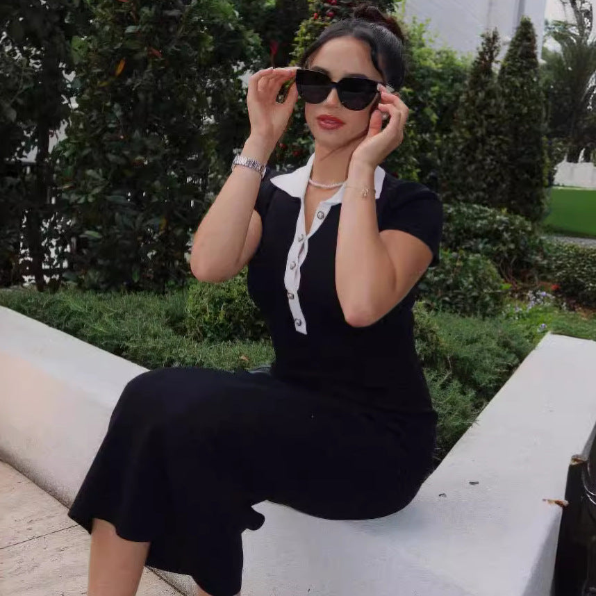 Turndown Collar Chic Contrast Color Short Sleeve Single-Breasted Female Knitting Long Dress